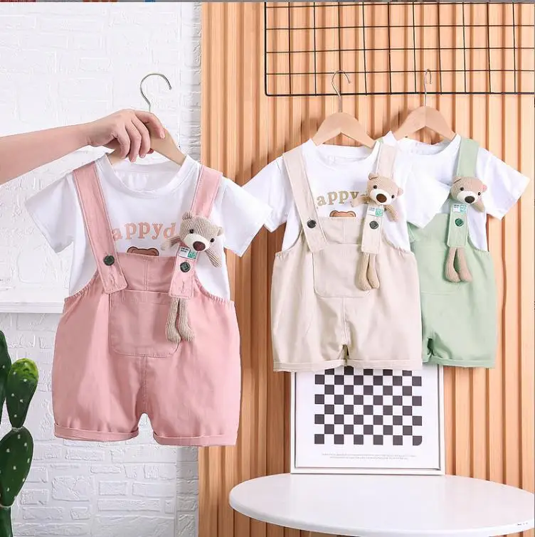 Kūdikių vasaros Boutique Komplektus korėjos stiliaus Mergina animacinių filmų atspausdintas trumpas rankovės marškinėliai ir turėti darbo drabužiai vaikams komplektus Mergina drabužiai