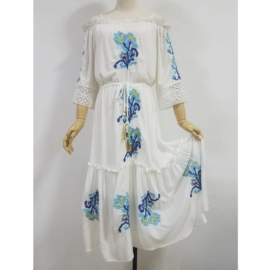 TEELYNN 2018 seksualus Boho maxi suknelė nuo peties dirželis suknelė Gėlių Siuvinėjimas vasaros suknelės vintage baltas ilgas moterų suknelės
