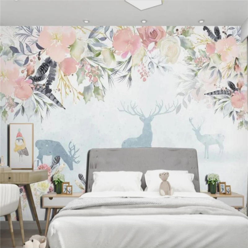 Pritaikyti tapetai, 3D ranka-dažytos Šiaurės gėlių freskos briedis gėlių jūra studijų miegamojo kambarį, TV foną, sienų apdailai